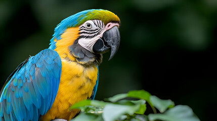 Fototapeta premium Blue and yellow macaw perched on a branch in a tropical rainforest during daytime.