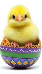 Cute Yellow Chick Emerging from Colorful Easter Egg Shell
