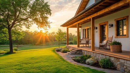 Fototapeta premium Charming Residential Home with Welcoming Porch Surrounded by Lush Green Tree Offering a Cozy Atmosphere and Inviting Curb Appeal Perfect for Family Gatherings and Relaxing Moments Outdoors
