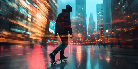 Fototapeta premium Skateboarder in futuristic city at night with motion blur