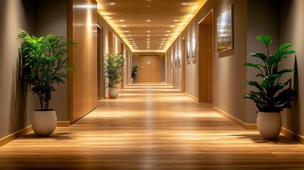 Hotel corridor, wood floor, plants, recessed lighting, artwork