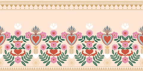 Template colorful horizontal motif folk tribal symbol pattern greeting card, valentine flower heart love item decoration.