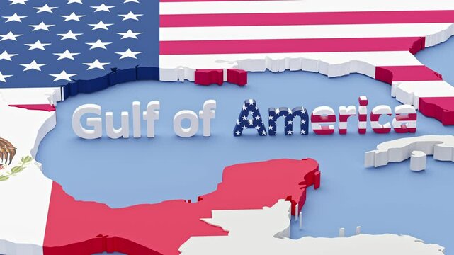 Renaming the Gulf of Mexico into Gulf of America concept. The word "Mexico" being flipped against the word "America" in the respective flag colors.