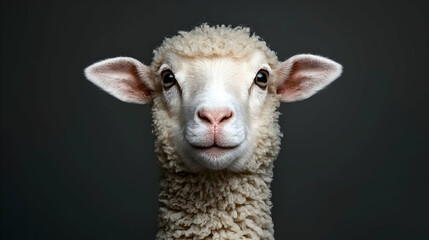 Obraz premium Fluffy lamb portrait, studio shot, dark background, farm animal, agriculture