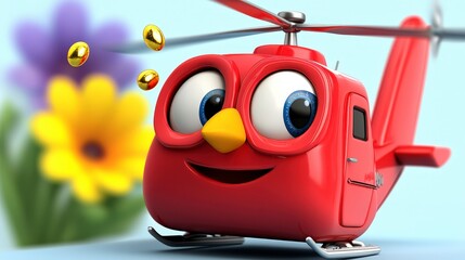 Cute Red Helicopter Character with Smiling Face and Flowers Background