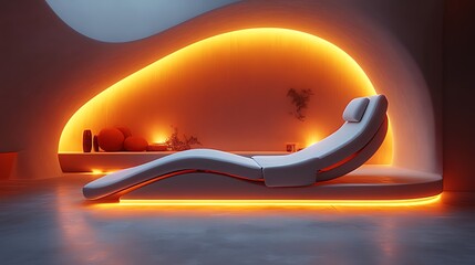 Futuristic relaxation room with orange ambient lighting and ergonomic lounge chair.