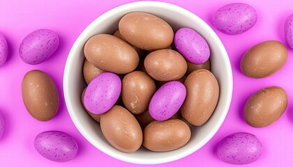 Obraz premium Colorful Chocolate Eggs in Bowl on Bright Pink Background
