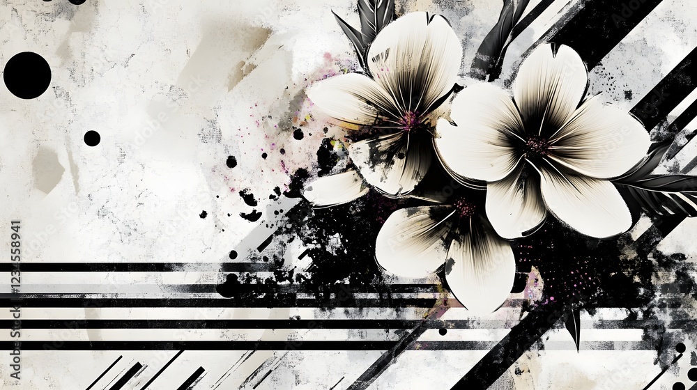 Aufkleber Ethereal and Captivating Monochrome Floral Composition with Splash Effect Featuring Delicate Petals and Dramatic Textured Backgrounds for a Powerful Atmospheric and Enchanting Visual Impact