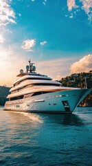 Luxury Yacht Sailing on Calm Ocean Waters Under a Blue Sky with Soft Clouds