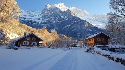 Alpine village, snow covered, winter sunrise, mountain backdrop