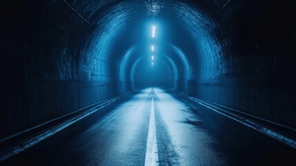 Dark, illuminated tunnel with reflective wet road ahead