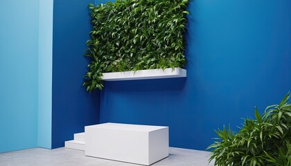 Minimalist Green Wall: A contemporary  room with a modern white pedestal and  stairs. Lush green vertical garden against vibrant blue wall, evoking a sense of tranquility and freshness.  