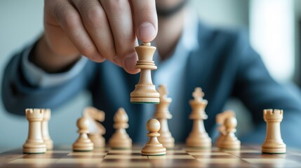 A focused player moves a chess piece on a wooden board, illustrating strategy and concentration in a competitive game.