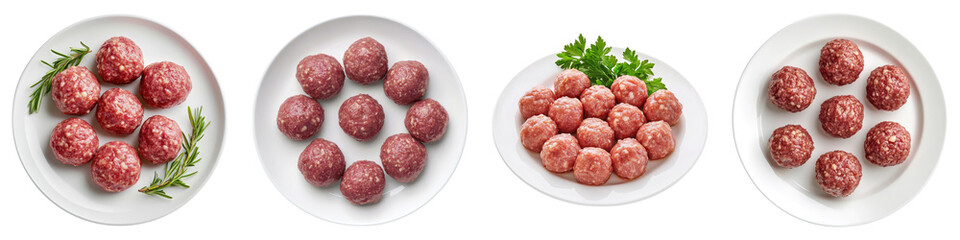 Raw meatball on white plate isolated on transparent background, PNG, Set of