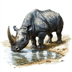 Fototapeta premium Realistic Illustration of a Rhinoceros Drinking Water by a Stream in Natural Habitat