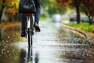 Naklejka premium Cycling through rain on a wet autumn street