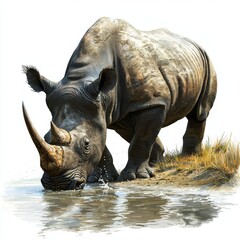 Fototapeta premium Majestic Rhinoceros Drinking Water Near the Shoreline in a Serene Natural Habitat Setting