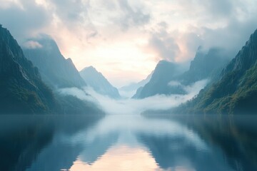 Fototapeta premium Serene Mountain Lake at Dawn with Soft Clouds