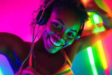 Excited woman enjoying music under colorful lights