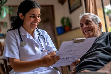 Fototapeta premium Healthcare provider interacts with elderly patient at home