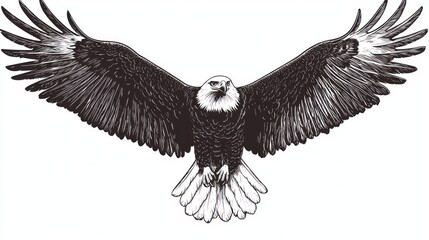 Majestic bald eagle in flight, wings spread wide, against a white background; ideal for patriotic designs