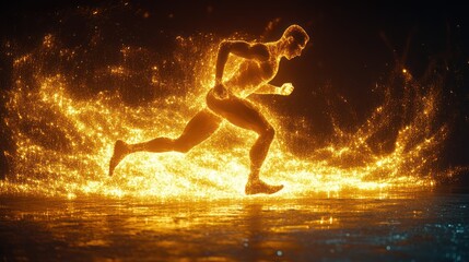 Naklejka premium Fiery runner sprints, dark background, energy, motion graphic