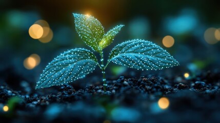 Sprout in soil, glowing droplets, night background, environmental concept