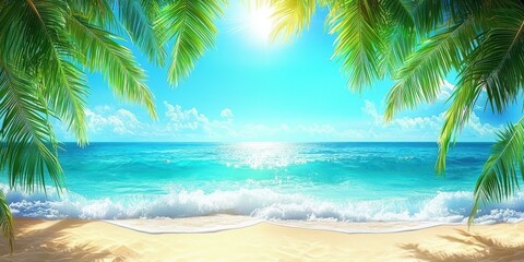 Obraz premium A bright summer beach with crystal-clear turquoise waters lapping against white sandy shores, framed by swaying palm trees under a vibrant blue sky. The scene evokes a sense of relaxation and 