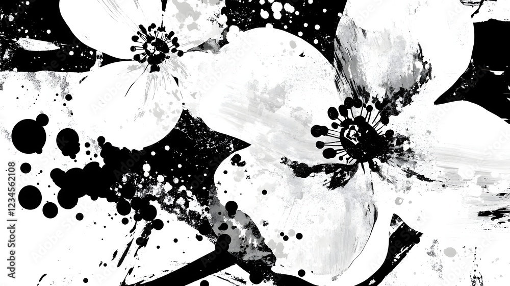 Fototapete Expressive abstract graphical background with splatter of black and white paint ink blots and flowing dynamic textures  Moody contemporary and digital or wallpaper design