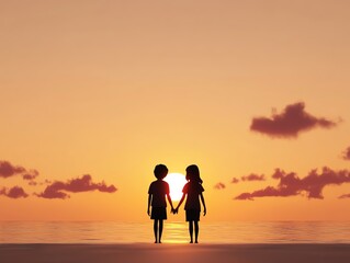 Fototapeta premium Romantic sunset beach date, couple holding hands, 3D illustration