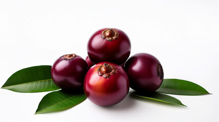 Fresh ripe tropical berries with green leaves on white background