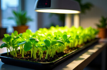 Growing microgreens under phytolamps at home. Young edible greens. Vegetable garden in the apartment. 
