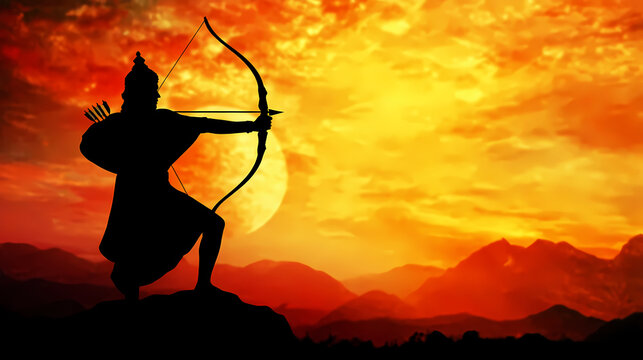  silhouette of an archer against the background of a bright orange sunset, which colors the sky in warm tones