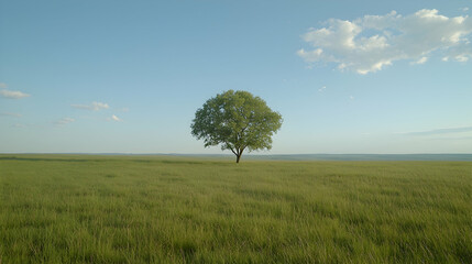 Obraz premium Lone tree in grassy field, clear sky, peaceful landscape, nature photography