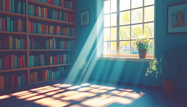 Sunlit room with bookshelves, plants, and a large window, creating a peaceful and studious atmosphere. Perfect for education, reading, or relaxation themes.
