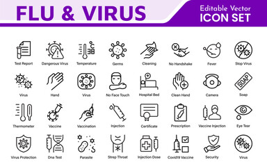 Flu & Virus Icon Set. An essential collection of icons designed to promote health awareness, perfect for enhancing medical materials, educational content, and public health campaigns.
