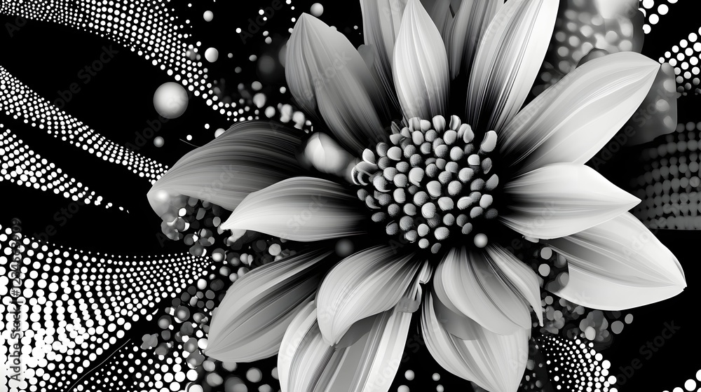 Poster Mesmerizing abstract black and white geometric pattern design with a radial effect featuring a stylized floral or botanical motif  The image has a modern minimalist and sophisticated aesthetic
