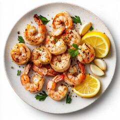 Garlic Butter Shrimp with Fresh Herbs and Lemon on a White Plate