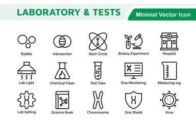 Laboratory and Tests Icon Set. A precise collection of icons for scientific testing and research, perfect for enhancing educational materials, lab websites, and health applications.