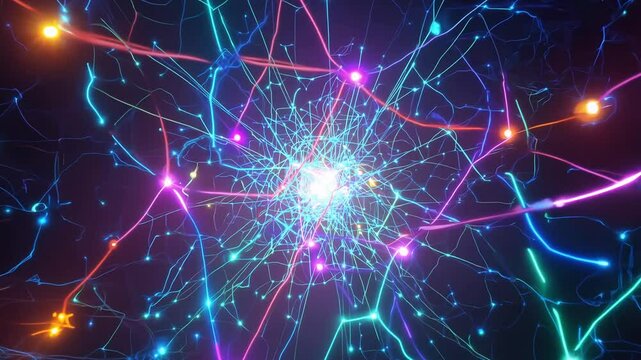 Dolly into a vibrant intersection of multiple neural pathways each glowing with a distinct color the point of intersection is a burst of combined light