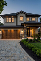 Obraz premium Luxury Modern Home Exterior at Dusk: Captivating Architecture and Landscaping