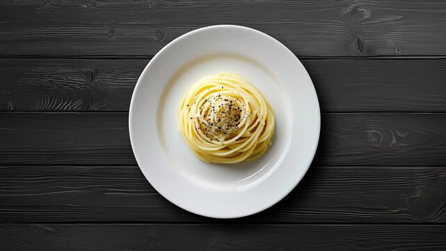 Cacio e pepe pasta dish on dark wooden table, restaurant menu template bckground