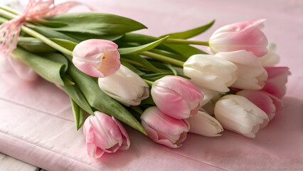 Fototapeta premium A lovely bouquet of pink and white tulips resting on a pink background, featuring a mix of open and closed blossoms
