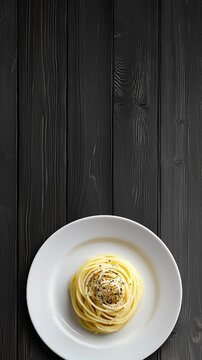 Cacio e pepe pasta appearing on a white plate, vertical video, restaurant menu template bckground