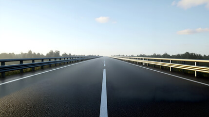 Empty highway stretching to the horizon on a misty morning, suggesting journey, freedom, and open road ahead