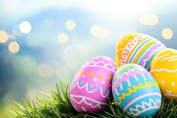 Colorful Easter Eggs on Green Grass with Soft Blurred Background