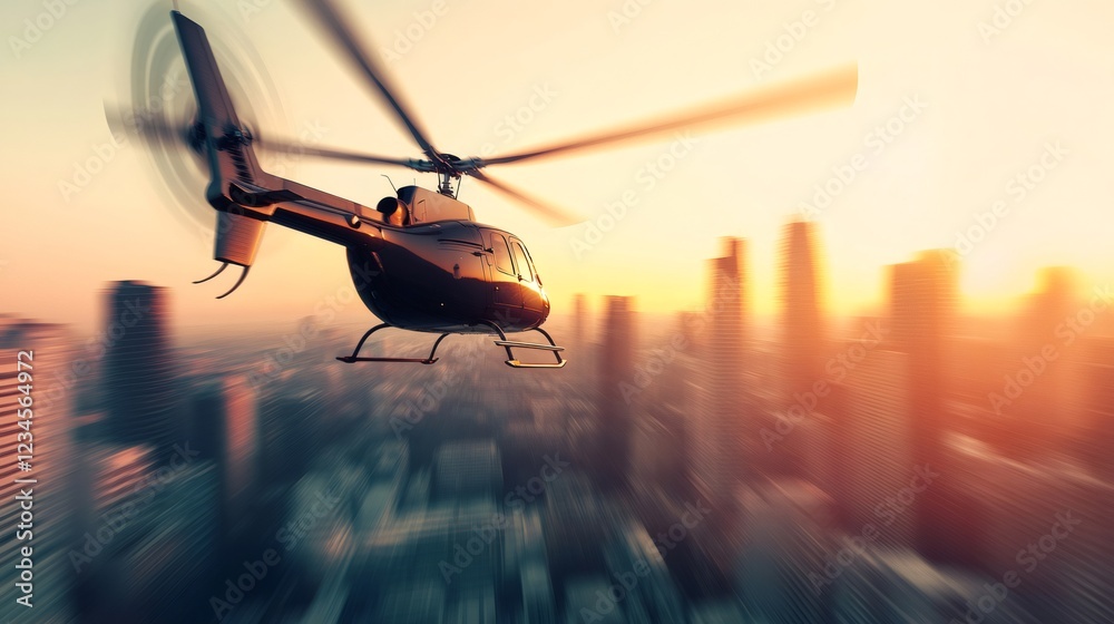 Poster private helicopter soaring above modern skyscrapers in a bustling downtown, capturing the vibrant en