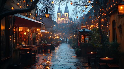 Obraz premium Romantic cobblestone street at night, illuminated with warm lights, featuring a majestic church in the background.