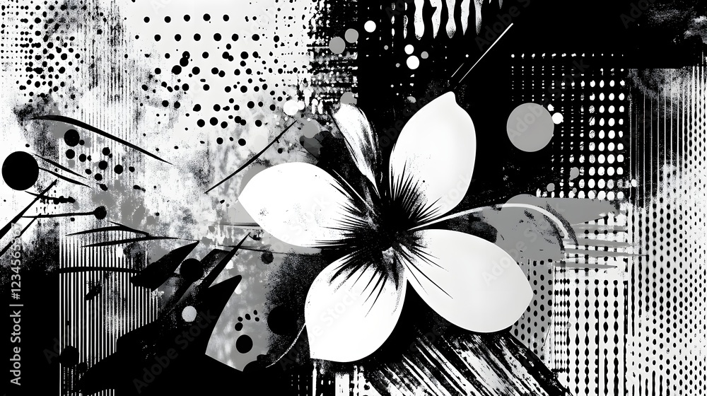 Poster minimalist abstract graphic design composition featuring a striking black and white floral silhouett