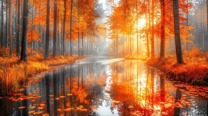 A glowing autumn lake surrounded by trees ablaze in fiery shades of red, orange, and yellow. The calm water mirrors the vibrant foliage and the soft glow of a setting sun. Floating leaves add 